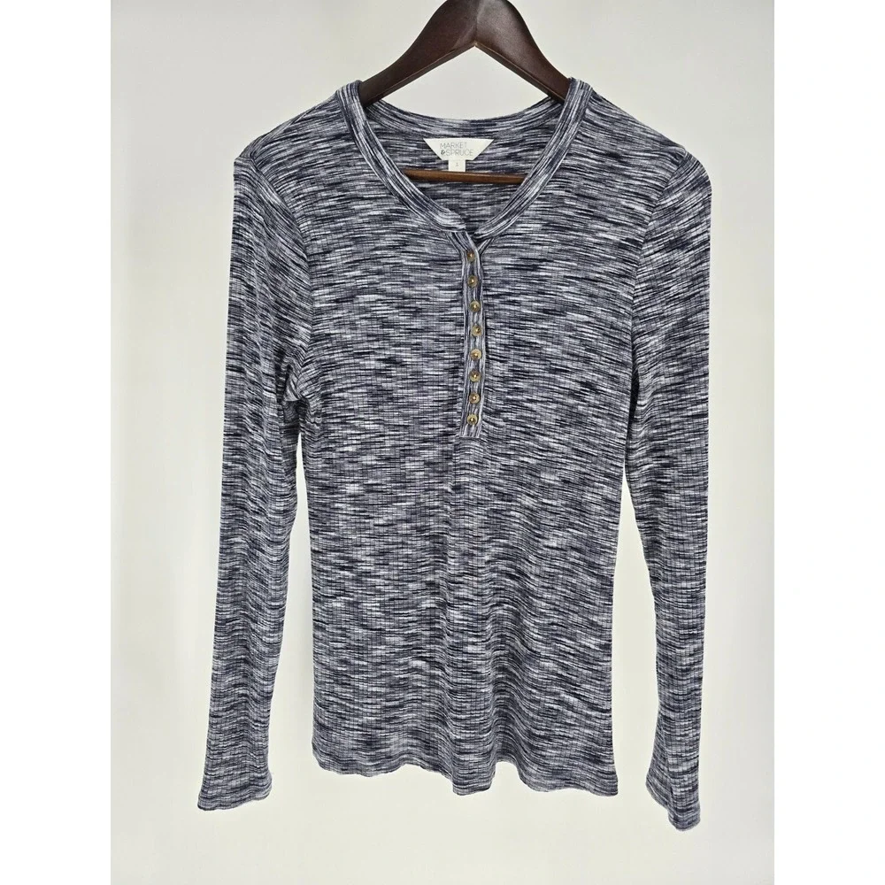 Market & Spruce Womens Long Sleeve Shirt Top Gray Size L Ribbed Vertically‎